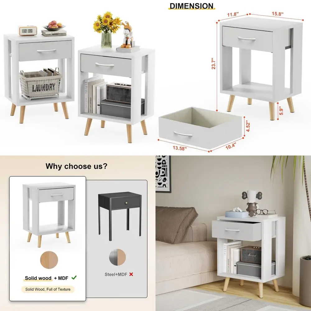 

Тканевые тумбочки с ящиками для хранения, набор из 2 предметов с открытой деревянной полкой, приставные столики для спальни с местом для хранения для современного домашнего декора