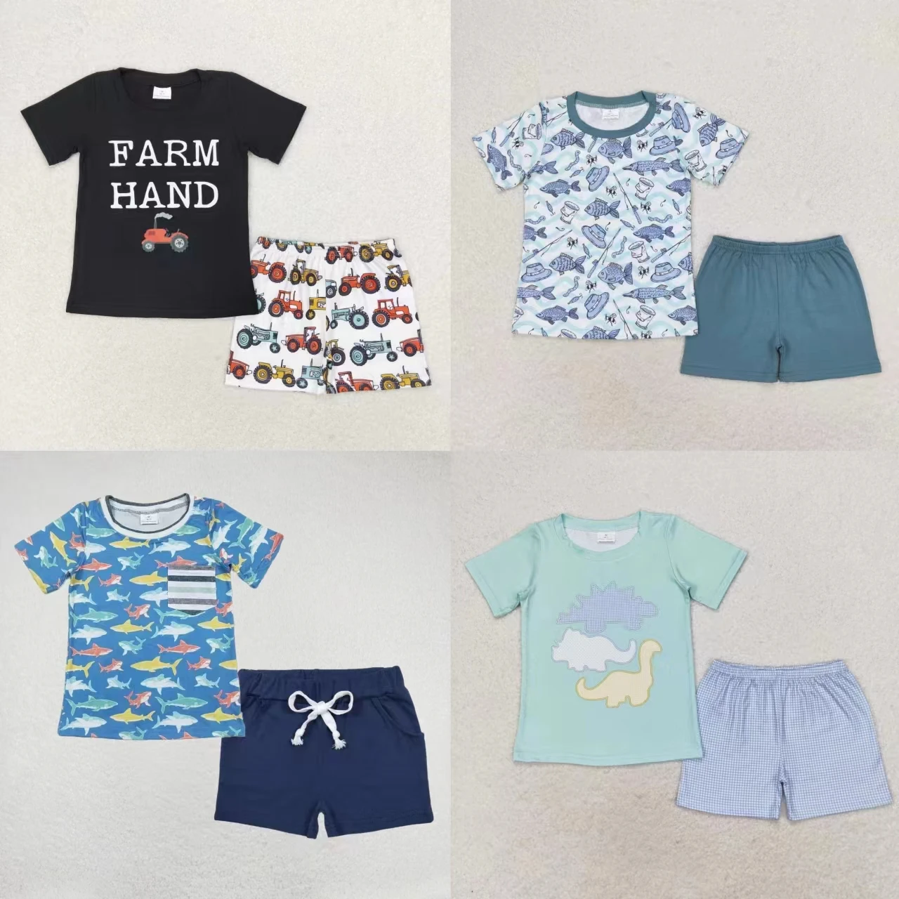 

Wholesale Baby Boy Short Sleeves Tractors Fish Dinosaurs Shirts Set Toddler Infant Shorts Kids Children Summer Two Pieces Outfit