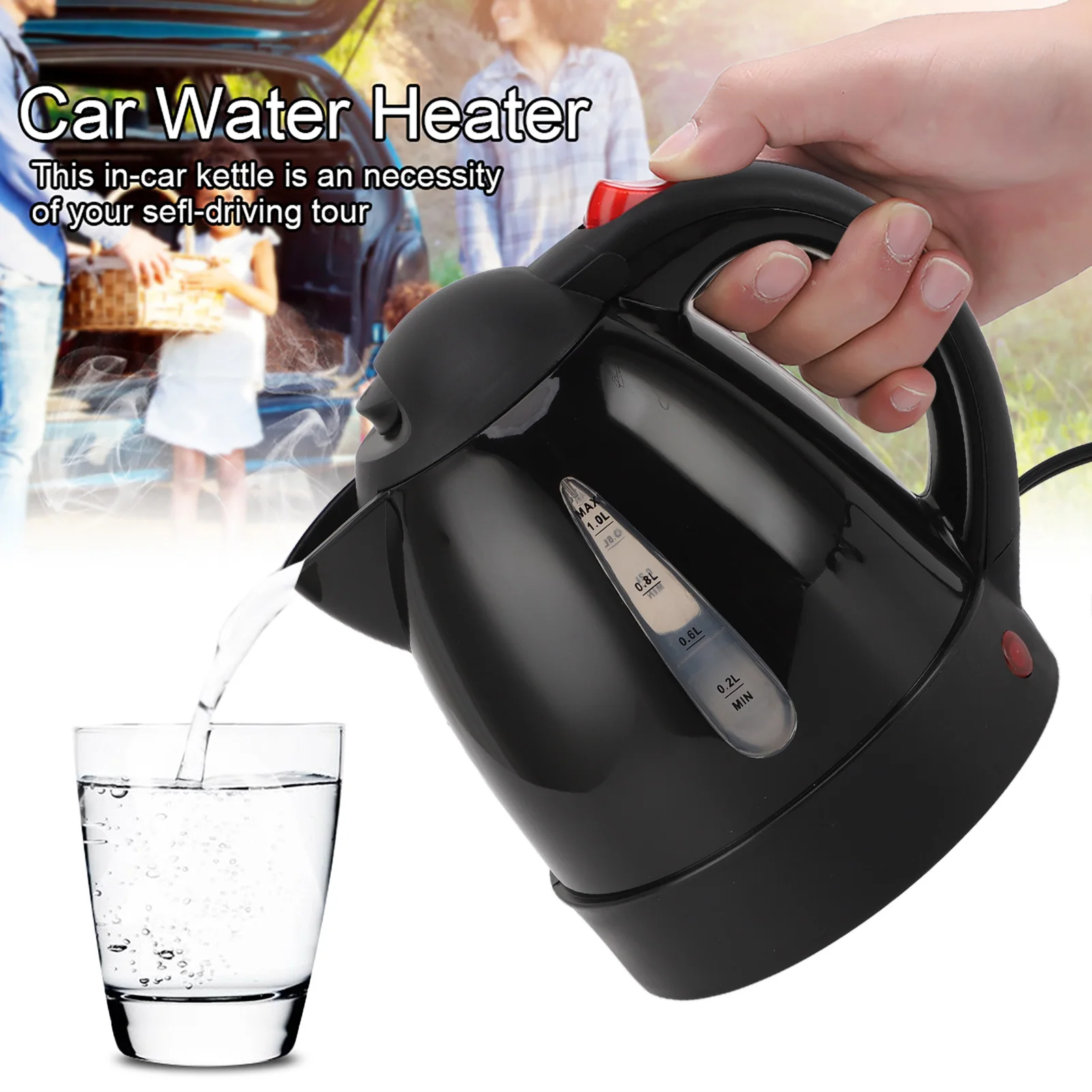Heated Water Tea Coffee Kettle 24V 250W Water Level Window 1000ML Black Water Boiler Heater ABS 304 Stainless Steel for Trip