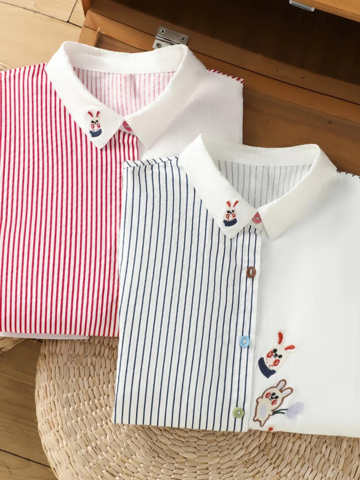 Coupe ample rayure brodé pur coton femmes irt Vintage artistique polyvalent Patchwork décontracté Long Sve boutonné