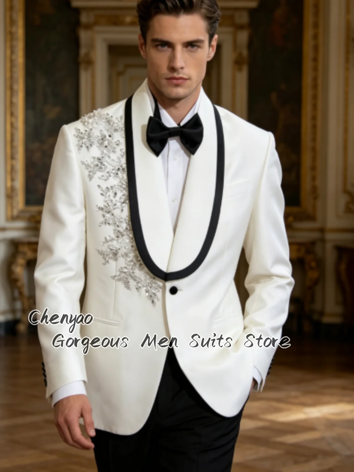 

High-End Exquisite Rhinestone Details Men Suits Customized Groom Tuxedos Party 2Pcs Sets Male Prom Blazers Formal Ropa Hombre