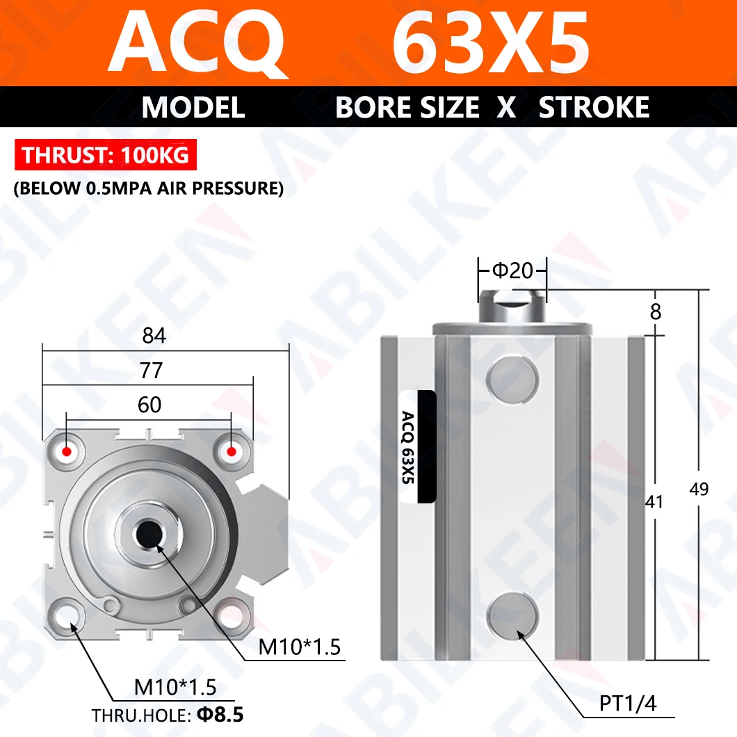 ABILKEEN ACQ Series Dual Action Thin Air Cylinder 63MM Bore Size X5/10/15/20/25/30/35/40/45/50/60/70/75/80/100MM Stroke Cylinder