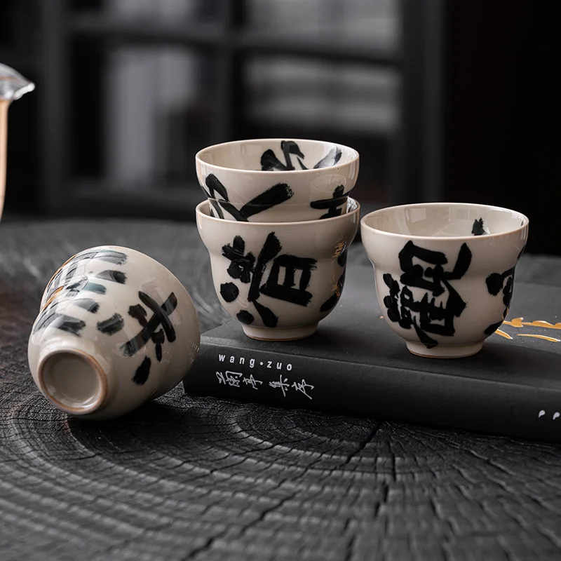

Handmade Calligraphy Teacup Plant Ash Master Cups Ceramic Tea Bowl Mugs Chinese Kung Fu Gongfu Teaware Set Household Drinkware