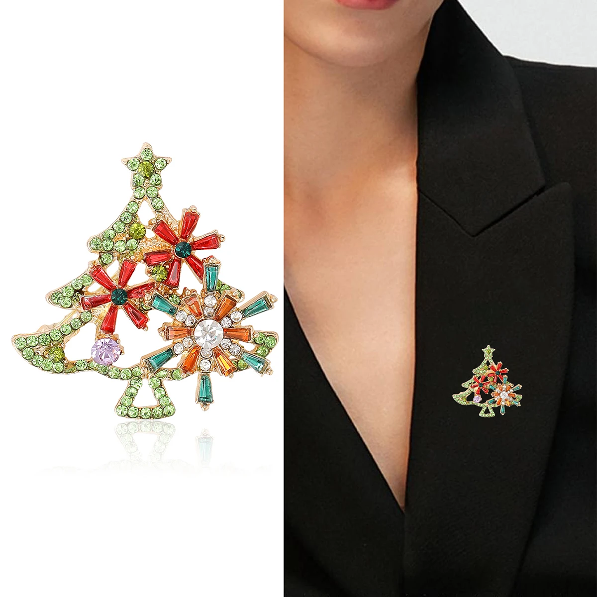Trendy Rhinestones Christmas Tree Brooches for Women Unisex Enamel Plants Badges Office Banquets Party Gifts Jewelry Accessories