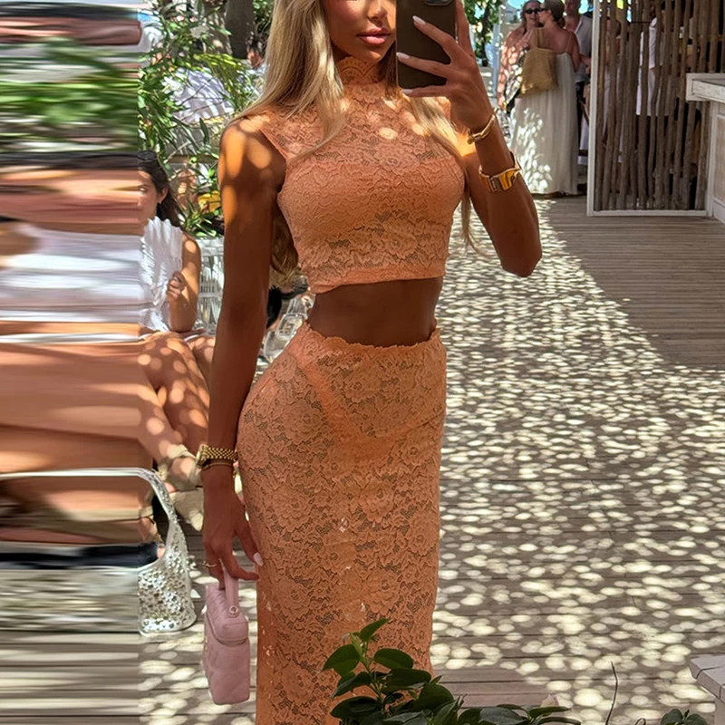 Sexy Party Matching Outfit Women See Through Lace 2 Piece Skirt Set Casual Sleeveless High Neck Crop Top Mermaid Maxi Skirt Suit