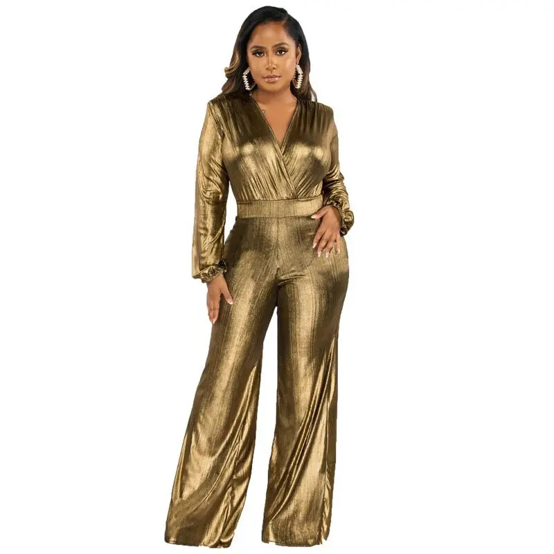 Tuta da discoteca per feste metallizzata glitterata donna 2023 autunno elegante manica lunga vita alta pantaloni a gamba larga pagliaccetto per donna