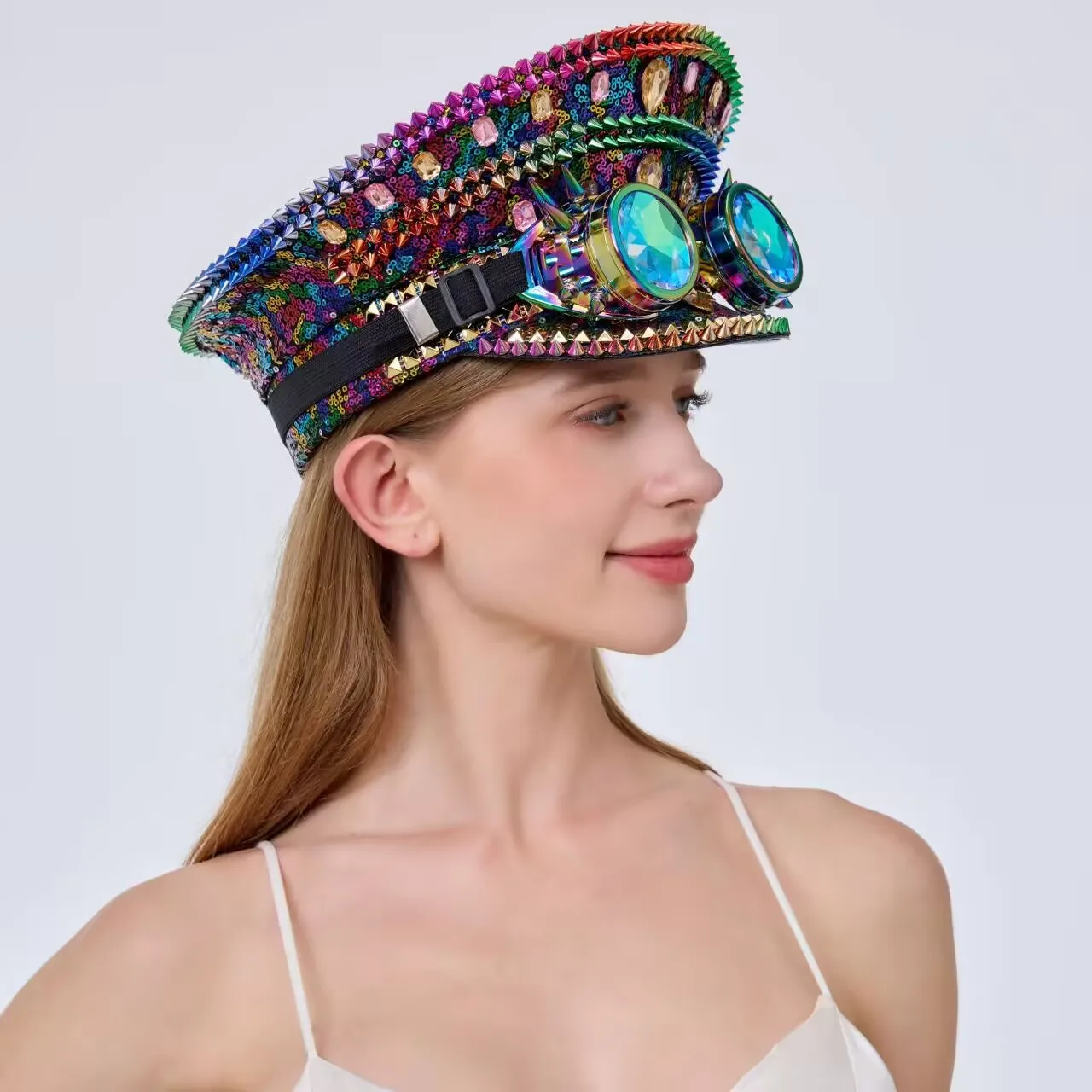 

Steampunk Captain Hat Rhinestone for Music Festival, Halloween, Disco, Burning Man, Vintage Military Cap for Men & Women