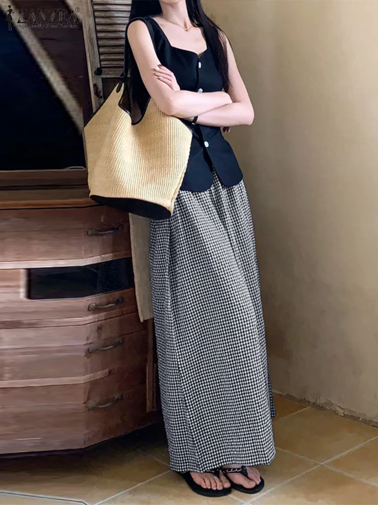 ZANZEA Women Elastic Waist Pantalon Vintage Everyday Checked Loose Casual Trousers Gingham 2024 Fall New Commute Wide Leg Pants