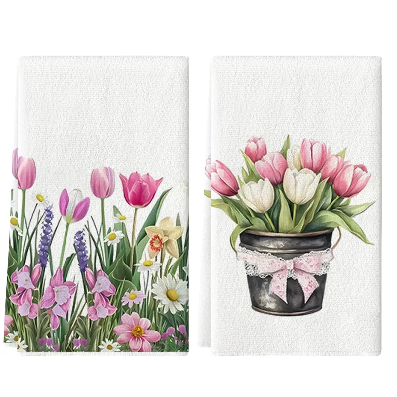 2Pcs, Pink and White Tulip Flower Bucket Kitchen Towels, 40Cm*60Cm Towel Set, Super Absorbent Soft Cleaning Cloth, Cooking Baking Tea Towel, Hand Towel, Cleaning Cloth, Dishcloth, Kitchen Decoration, Living Room Decoration, Kitchen Essentials, Home Essentials
