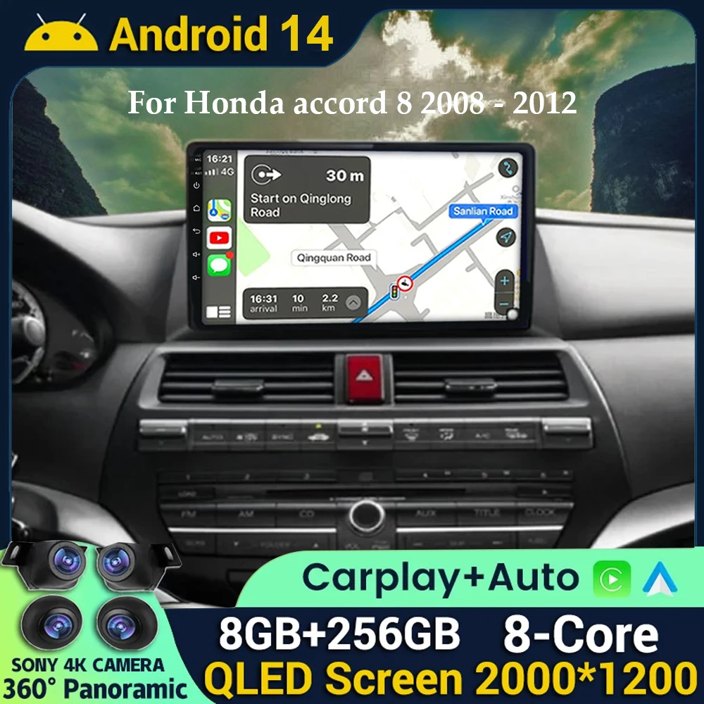 Android 14 Carplay Auto Radio Voor Honda Accord 8 2008-2013 Multimedia Speler Gps Navigatie Auto Stereo Auto Radio Speler