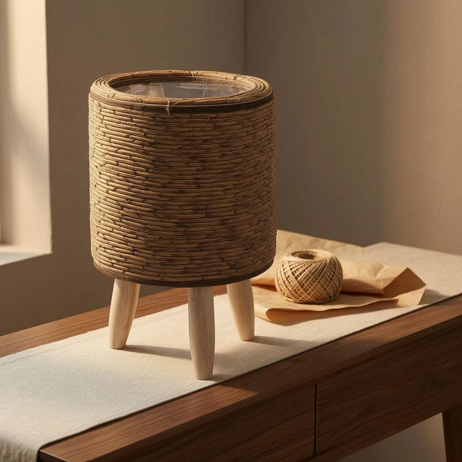 Rattan Planter Decorative Wood Leg Planter Wicker Plant Basket Boho Style Woven Rope Plant Pot Multiuse Storage