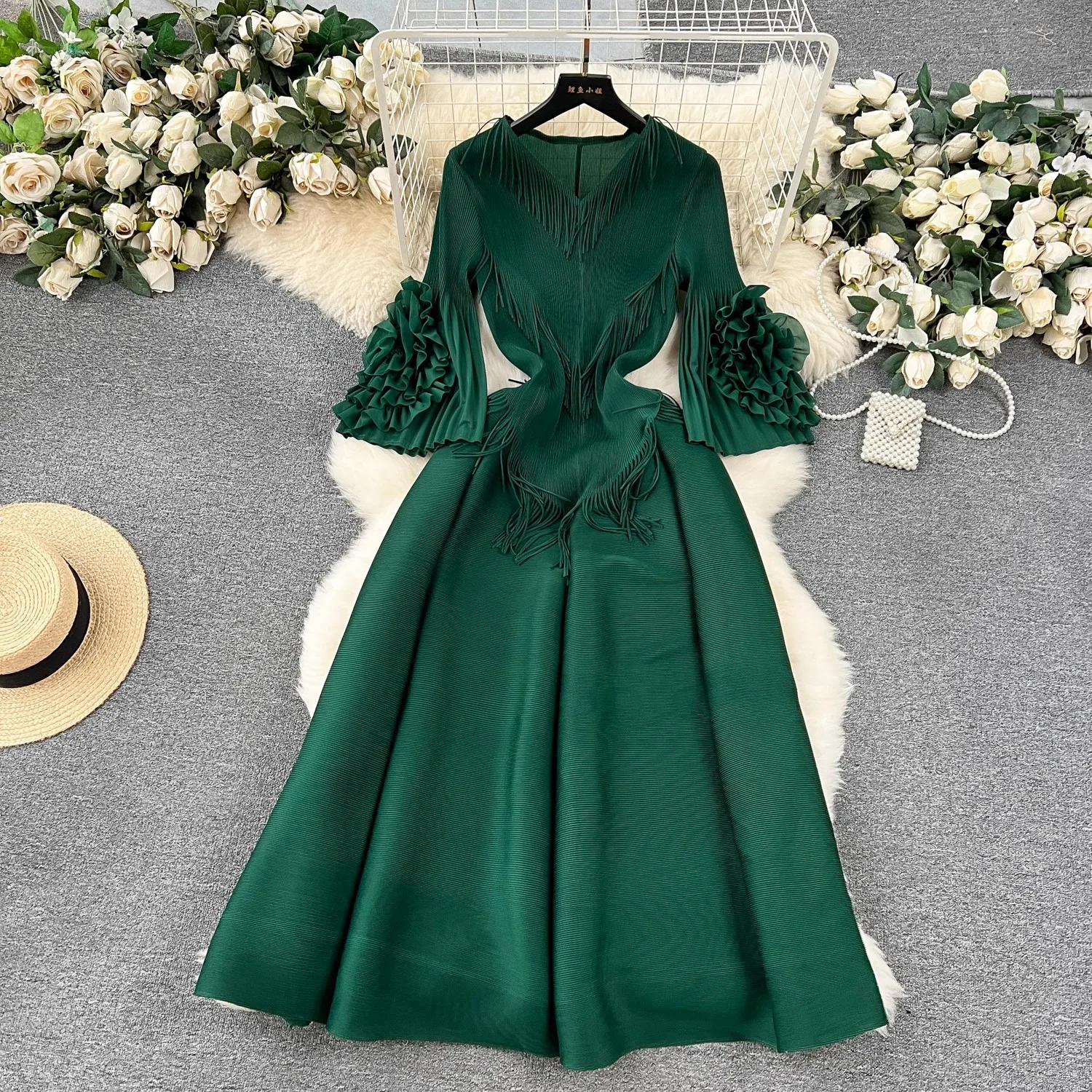 Miyake Loose Pleated Dress Oversize Women V-Neck Discoid Flower Flare Sleeve Solid Color Tassel Long Robes Female Clothing 9410