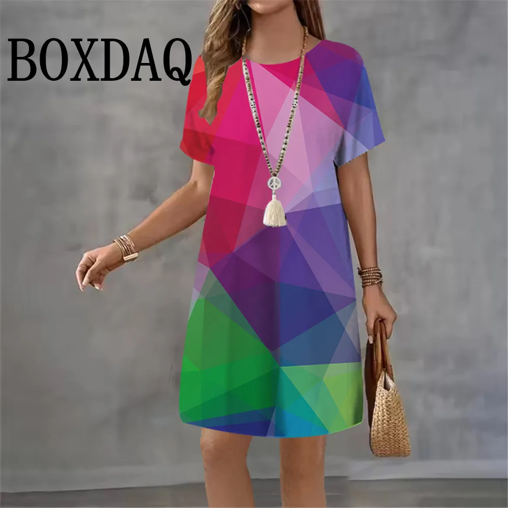 

Женское платье с геометрическим узором и градиентным 3D принтом, элегантное модное повседневное летнее платье с круглым вырезом и короткими рукавами Y2k, женская одежда