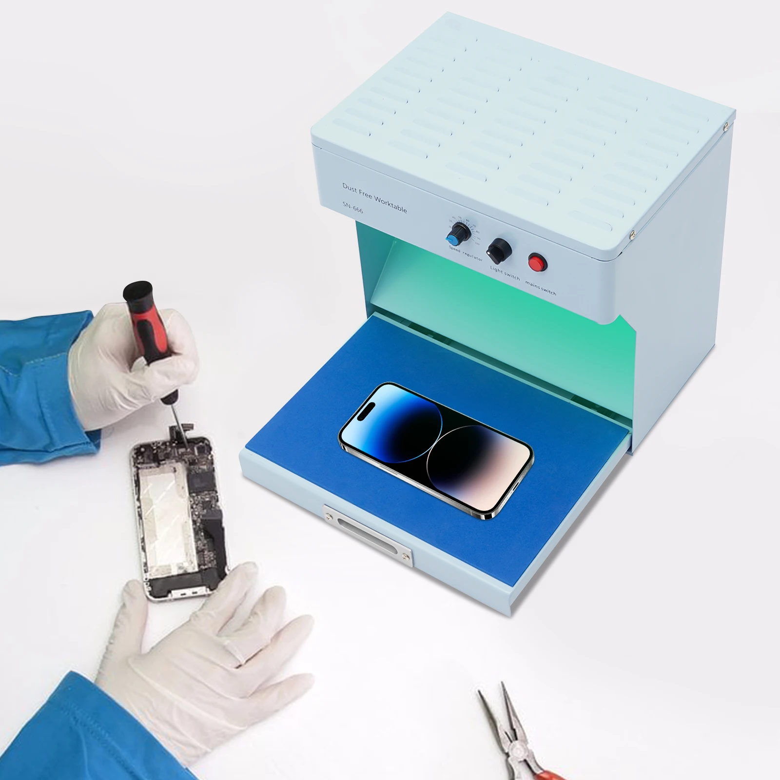 Estação de trabalho de chapa metálica de banco limpo de fluxo de ar, estação de trabalho retangular azul bebê 110V sem poeira para reparo de telefone LCD