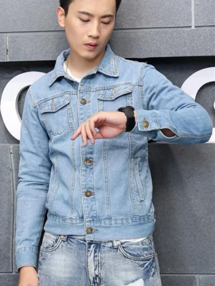 Button Light Men's Denim Jacket Casual Slim Male Jean Coats Autumn Blue Short Outwear Aesthetic Low Price Japanese Washed Cost G