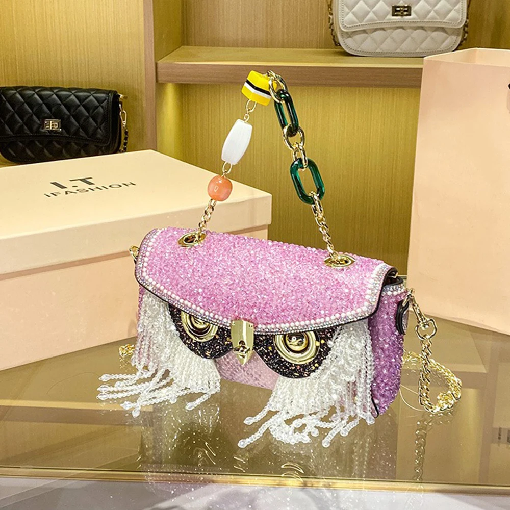 2024 Fashion Owl Diamond Chain Tassel Banquet Bag Luxury Shining Handmade Crossbody Bag for Women