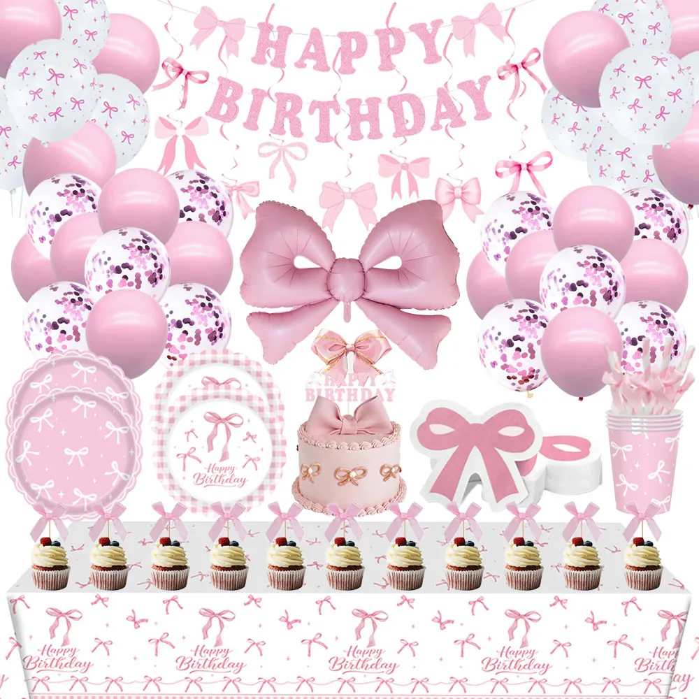 Vajilla con Temática de Lazo Rosa, Platos de Papel, Vasos, Servilletas, Mantel, Pancarta, Globos, Decoración para Fiestas de Cumpleaños y Bodas