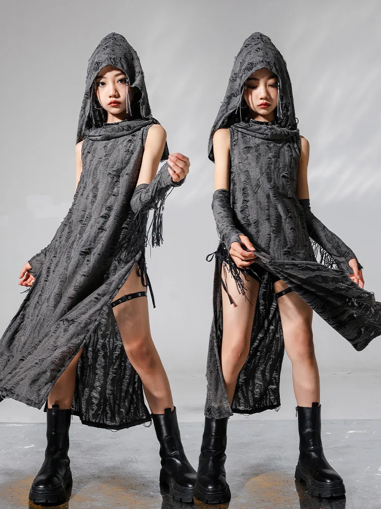 Dark Punk Style Girls Clothes Jazz Dance Costume Hole Vest Long Dress Fashion Music Festival Performance Clothing Stage