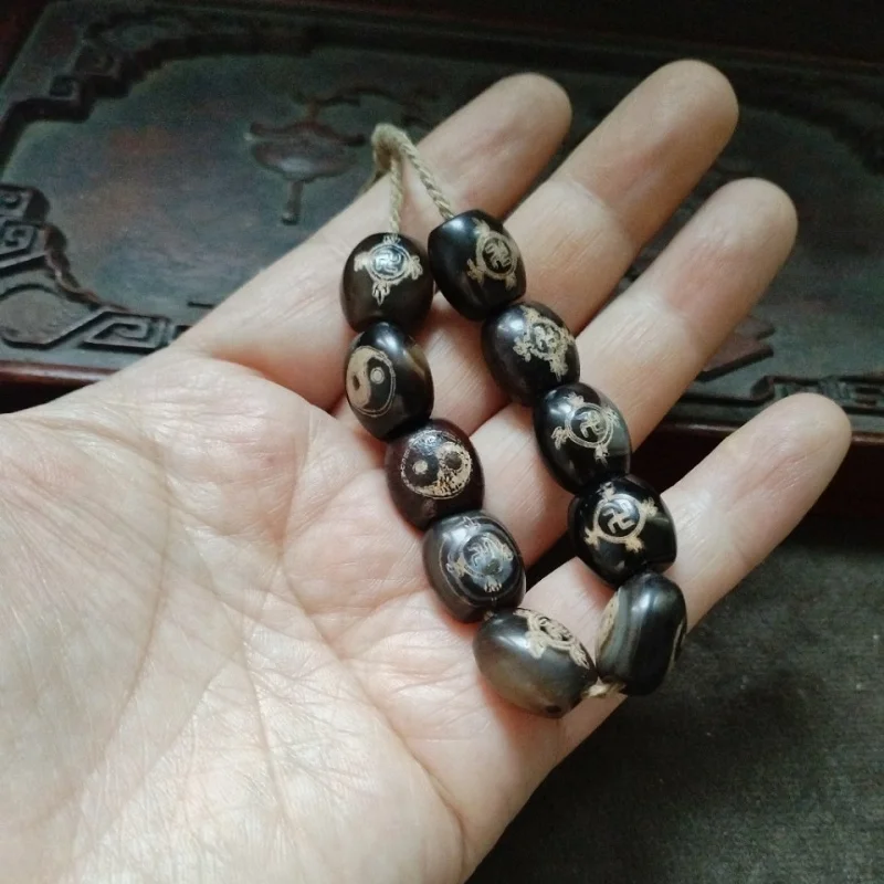 Vintage Patina Agate Eight Trigrams Beads One String Ten Pieces