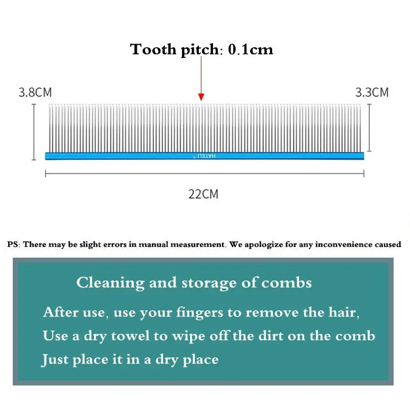 0.1cm 촘촘한 이빨 애완동물 빗 옅은 색 알루미늄 빗 6가지 색 옵션 전문 강아지 미용 고양이 청결 모발 클리닝 브러시