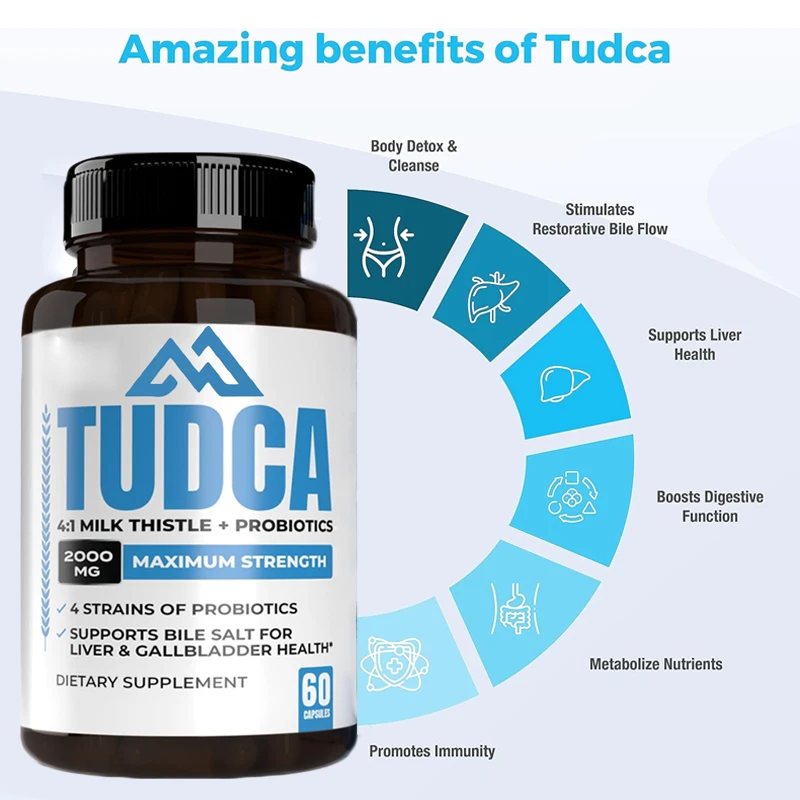 2000mg TUDCA Bile Salt Supplement Complex for Liver Detoxification and Cleansing 4:1 Milk Thistle+60 Probiotics Non GMO Capsules