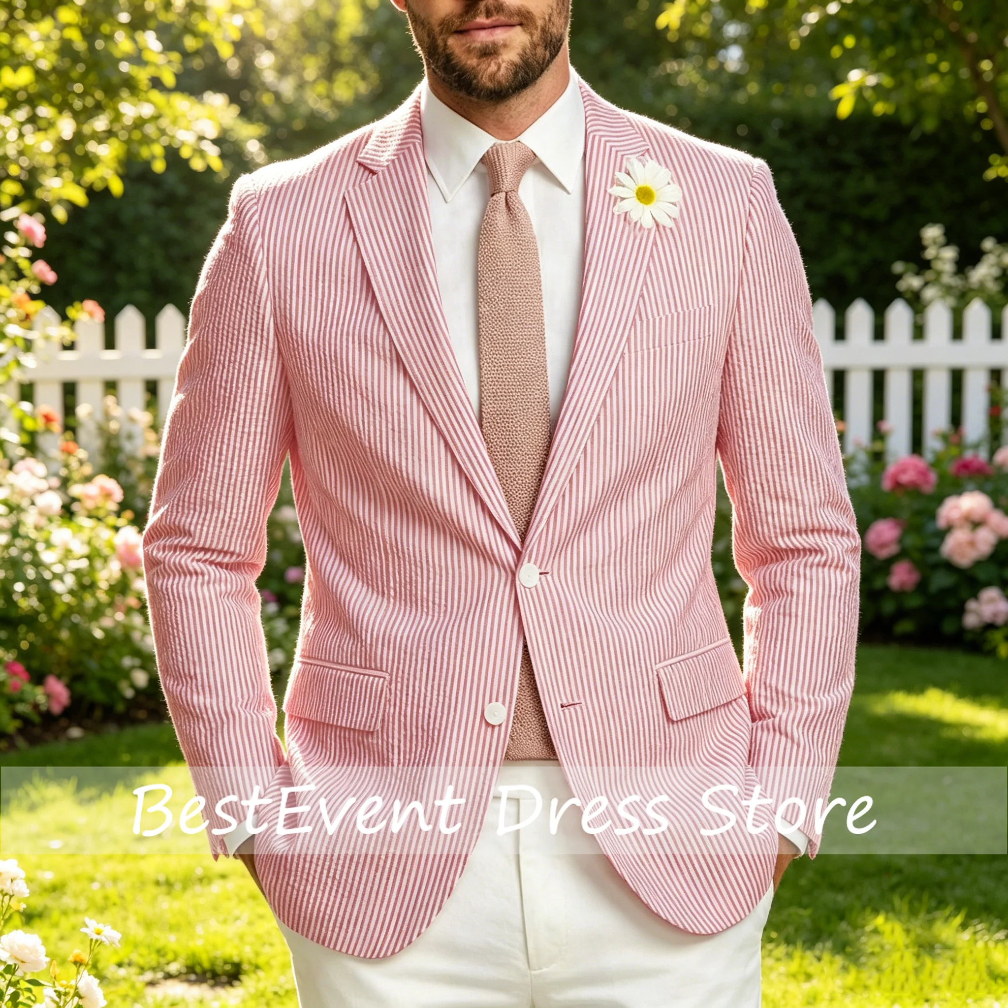 Men's Striped Seersucker Blazer Notch Lapel Slim Fit Suit Jacket Summer Lightweight Business Casual for Wedding Party Customized
