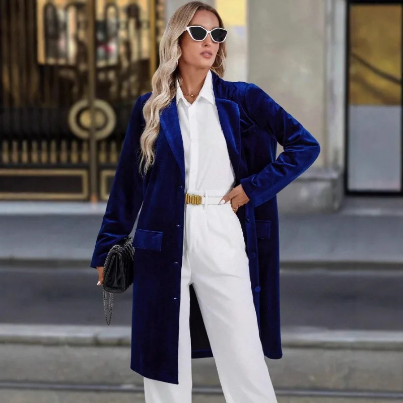 Luxury Vintage Velvet Trench Coat New Loose Turn-Up Collar Long Sleeves Casual Single-Breasted Long Blazer Coat Women's Jacket - view 3