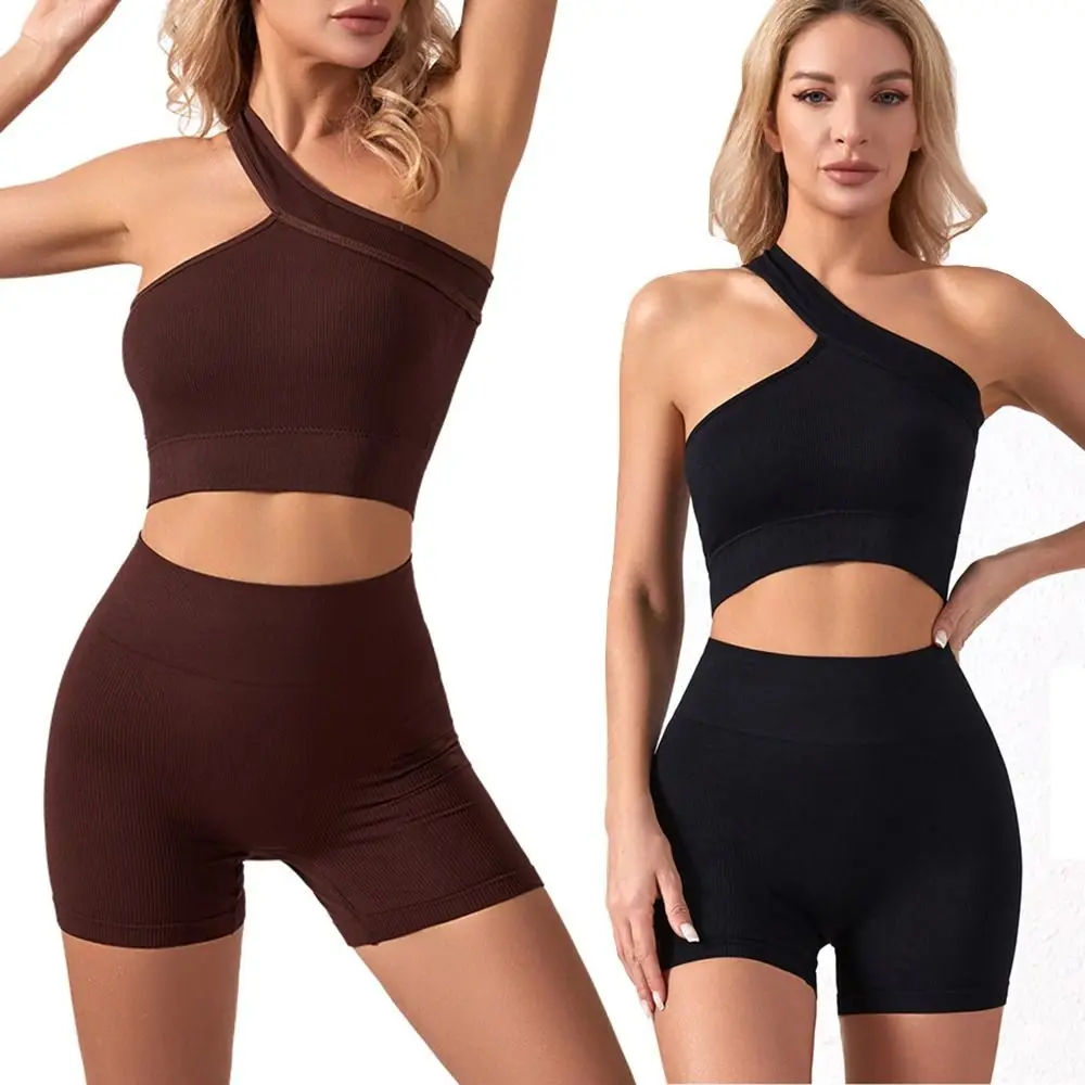 

2Pcs Casual Seamless Women Workout Sets High Waist Ribbed Active Wear One Shoulder Tank Tops Sports Bra Fitness