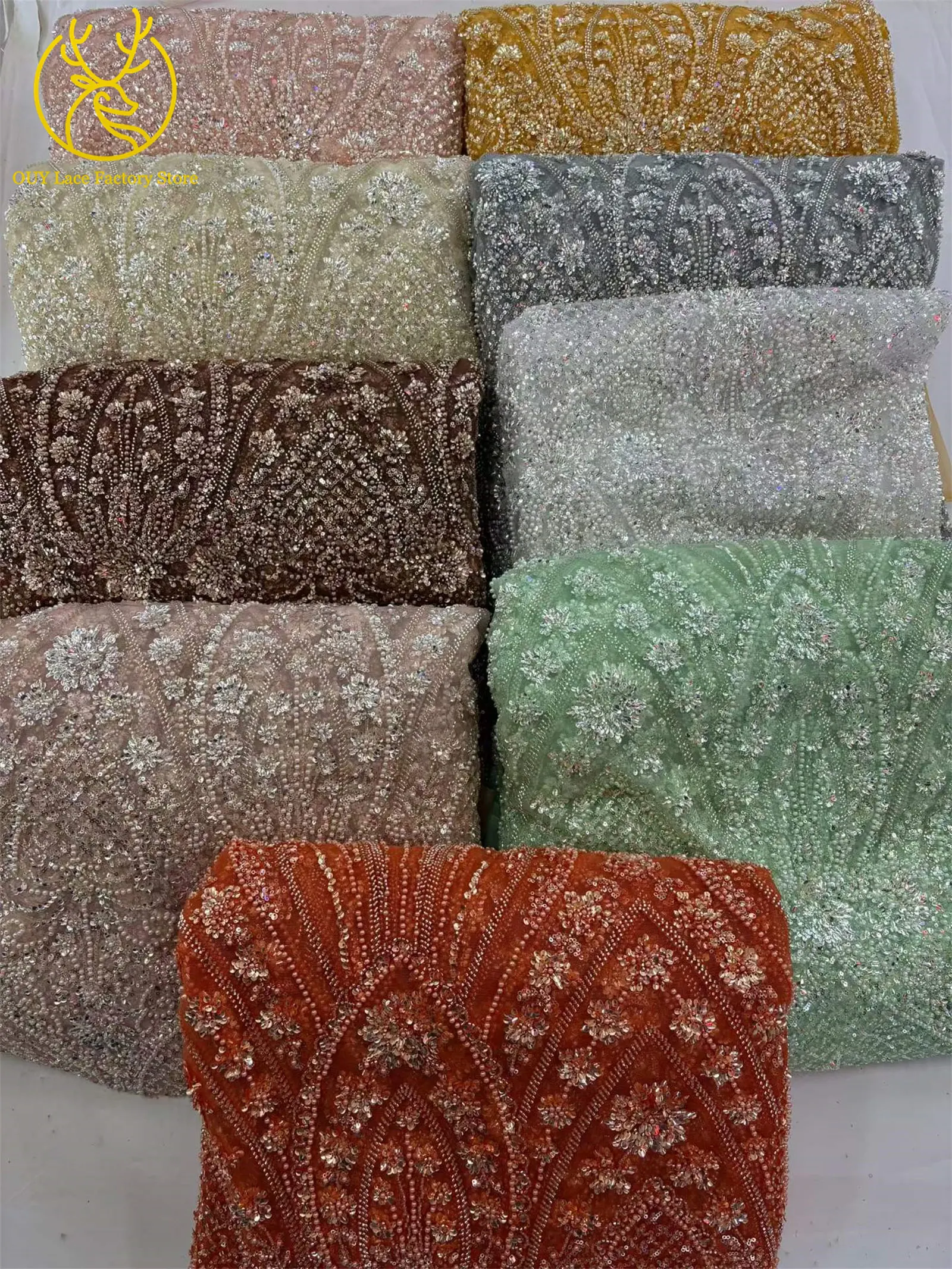 5 Yards afrikanischer schwerer Perlen-Pailletten-Netzstoff, goldener französischer Pailletten-Tüllstoff für wunderschöne Hochzeitskleider zum Nähen – Detail 18