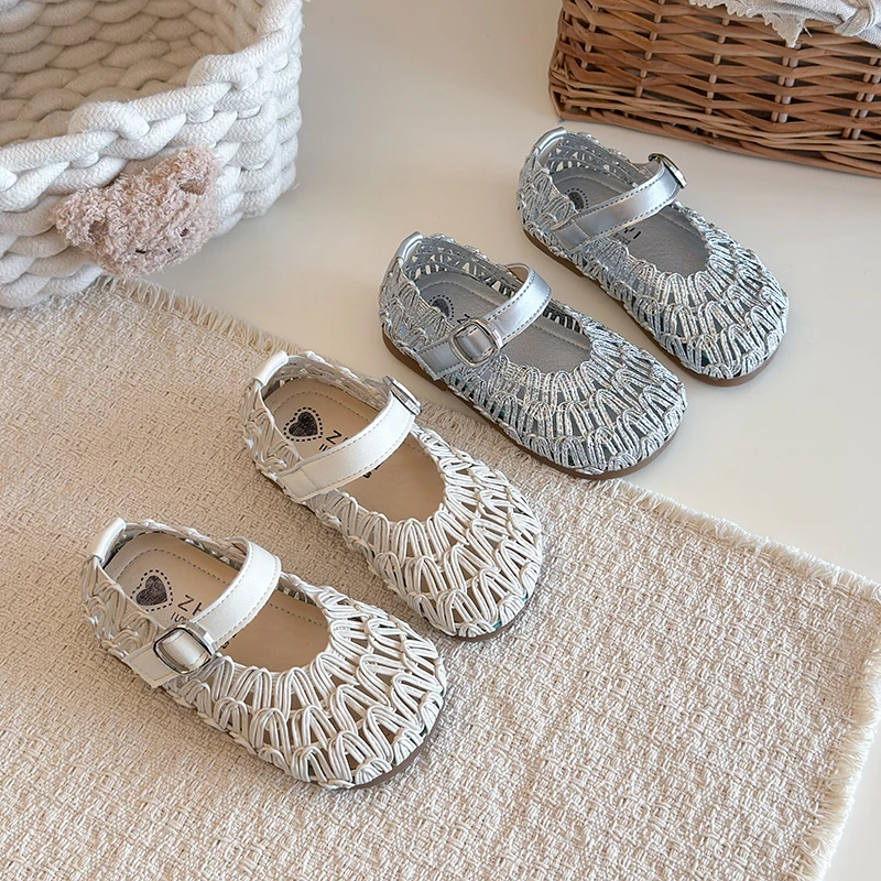 Little Girls Weave Mary Jane Shoes Soft Sole Children Summer Casual Shoes Kids Flats Leather Shoes Breathable Size 22-33