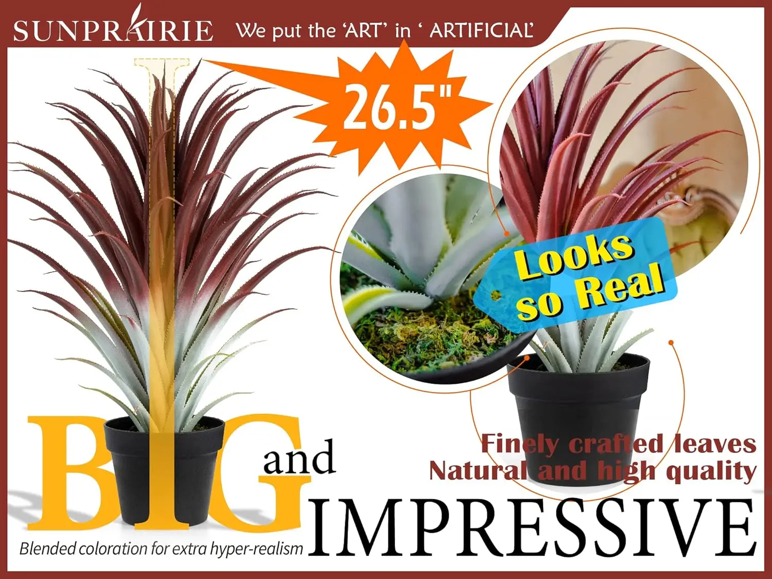 Hyper Realistic Big Red Artificial Aloe Vera Plant 26 Inches Tall. Large Faux Agave In Matte Black Pot.