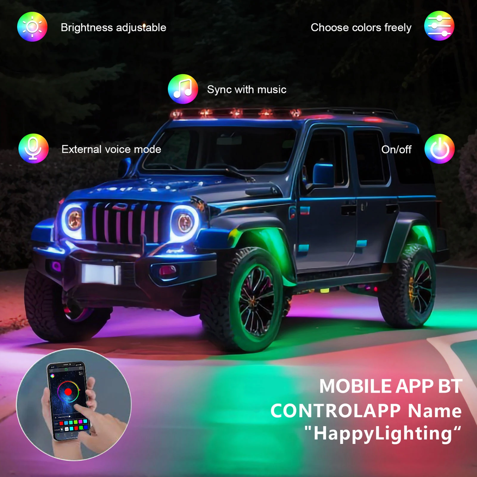 4/6/8PCS LED Light Kits Colorful Car LED Light APP Control Light Strips IP68 Waterproof Brightness Adjustment