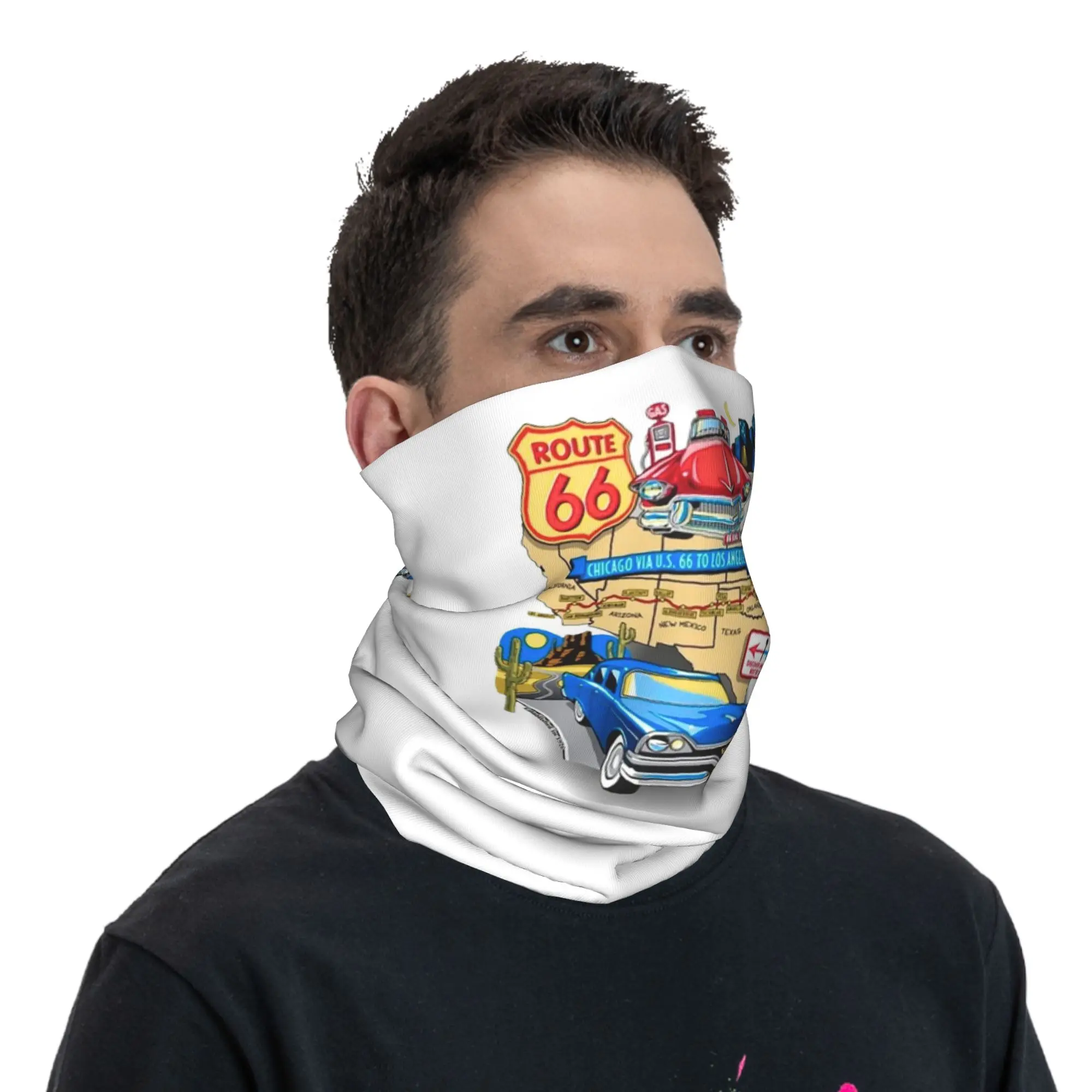 

Route 66 Vibrant and Nostalgic Illustration Bandana Neck Gaiter Printed Mask Scarf Warm Balaclava Cycling For Men Women Adult