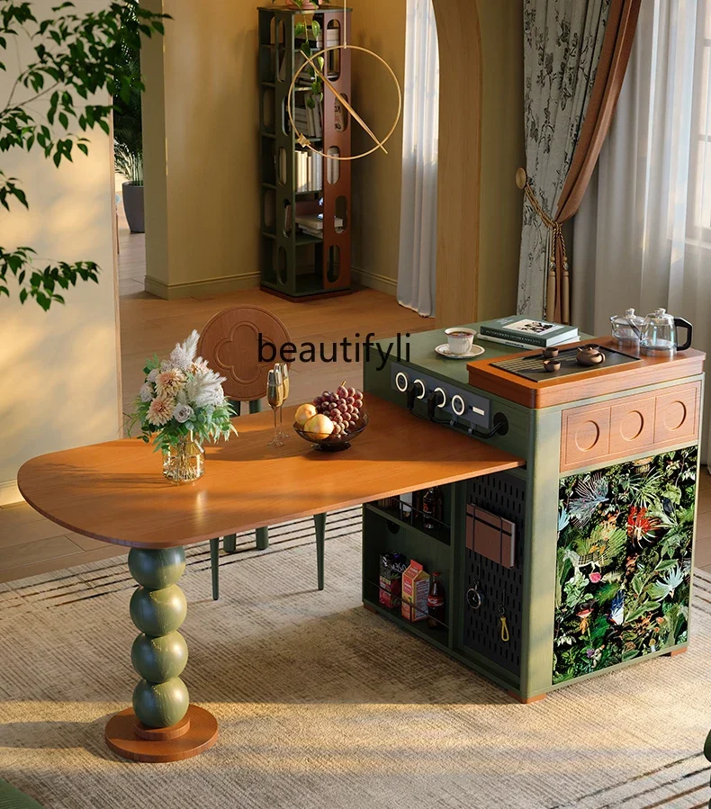 

A55 Retractable island dining table integrated French retro household solid wood multi-functional, medieval dining table