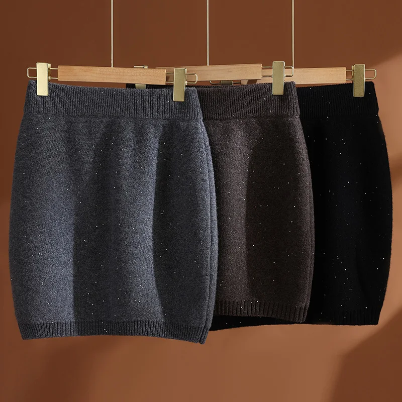 

Women Wool Sequin Skirt Thick Elastic Waist Mini Skirt Autumn Winter 100% Merino Wool Knitted Slim Above Knee Screw Thread Dress