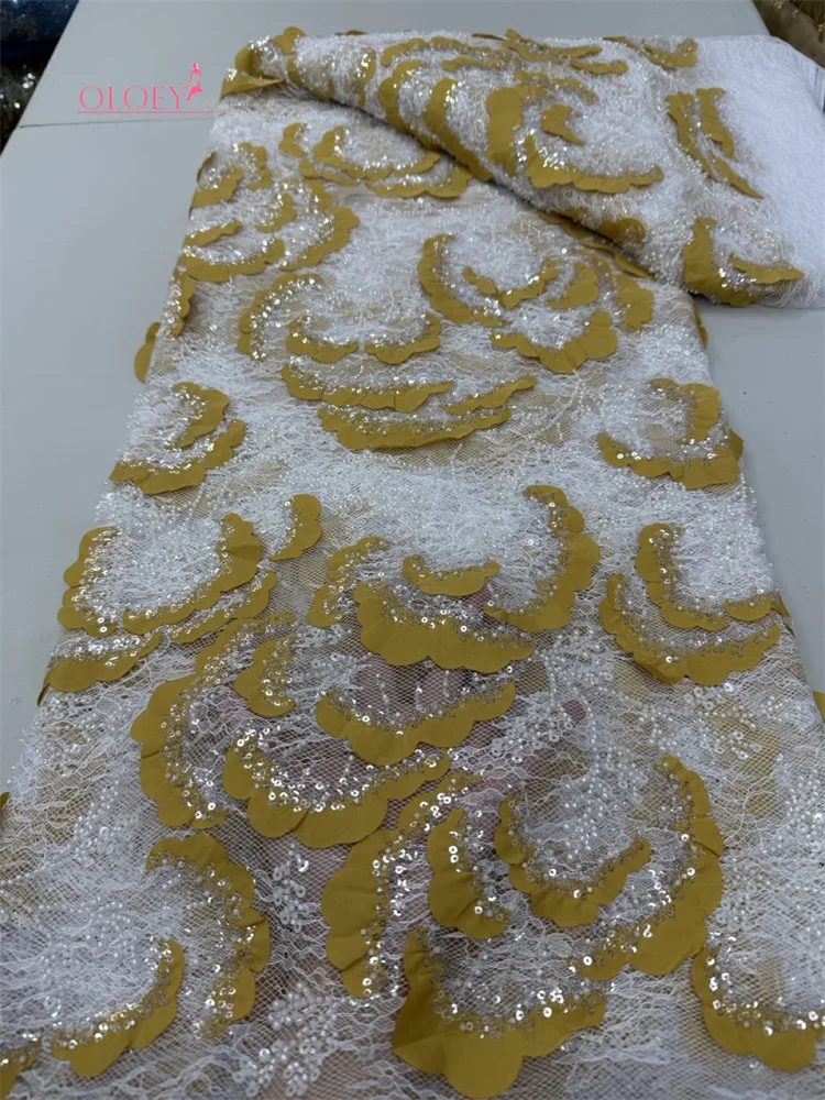 

OLOEY African Beads Groom Tulle Lace Fabric High Quality Sequins Embroidery French Tulle Laces for Nigeiran Party Dress