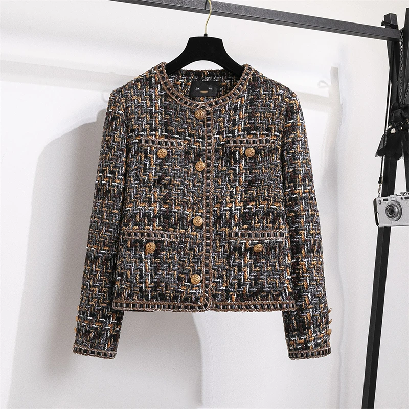 

2023 New Autumn Winter Fried Street Tweed Jacket Women Overcoat Fashion Loose Plaid Casual Short Wool Jacket Casaco Female Tops