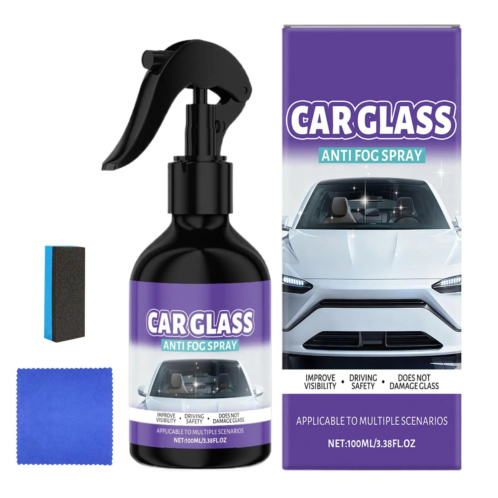 Long Lasting Anti Fog Spray Glass 100ml Kit, Includes Applicator & Cloth, Prevents Condensation on Windshield Goggles & Mirrors