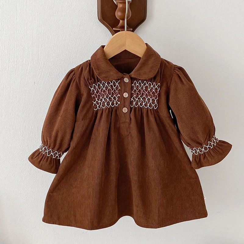 2024 New Autumn Girl Party Dress Long Sleeved Corduroy Embroidery Kids Princess Dresses Baby Girl Romper Children Clothes