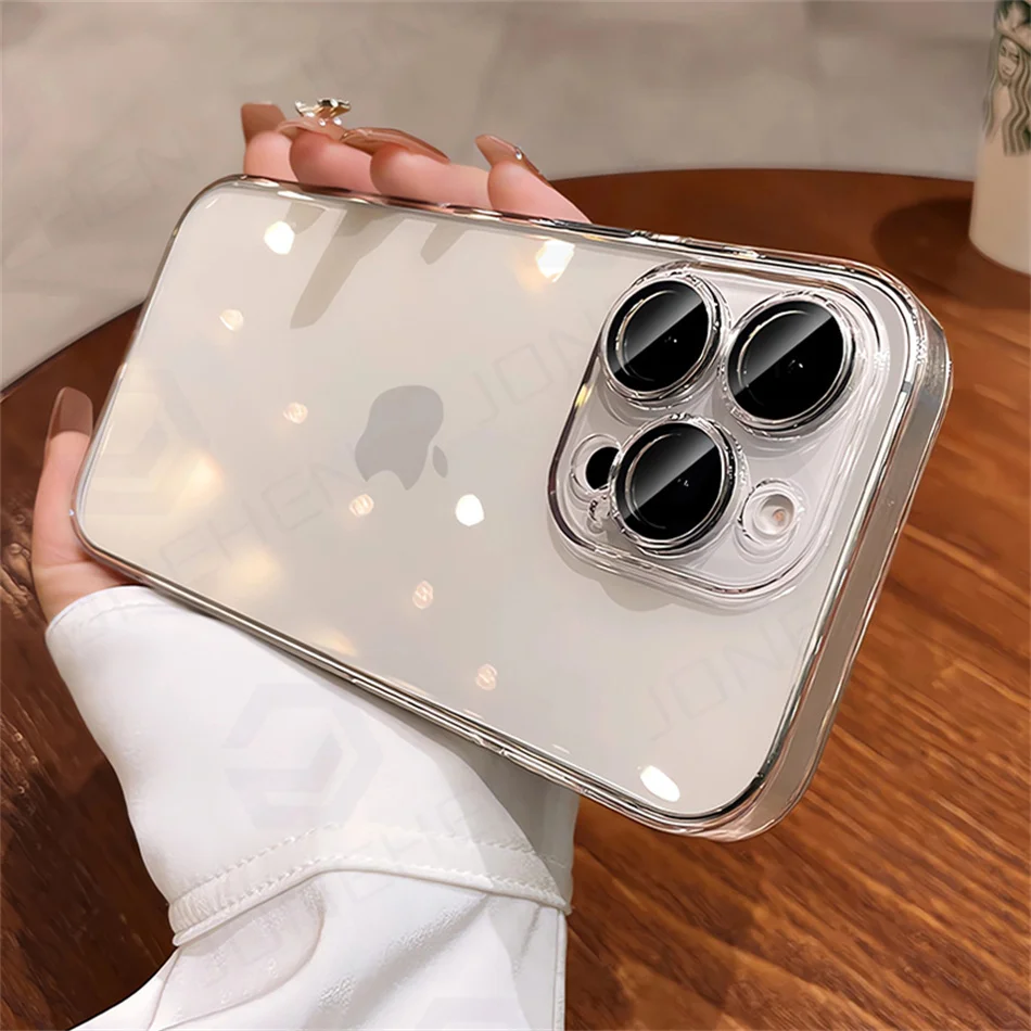 Luxury Plating Desert Gold Bumper Slim Clear Silicone Case For iPhone 16 15 14 13 12 17 Pro Max 16Plus Lens Film Protect Cover