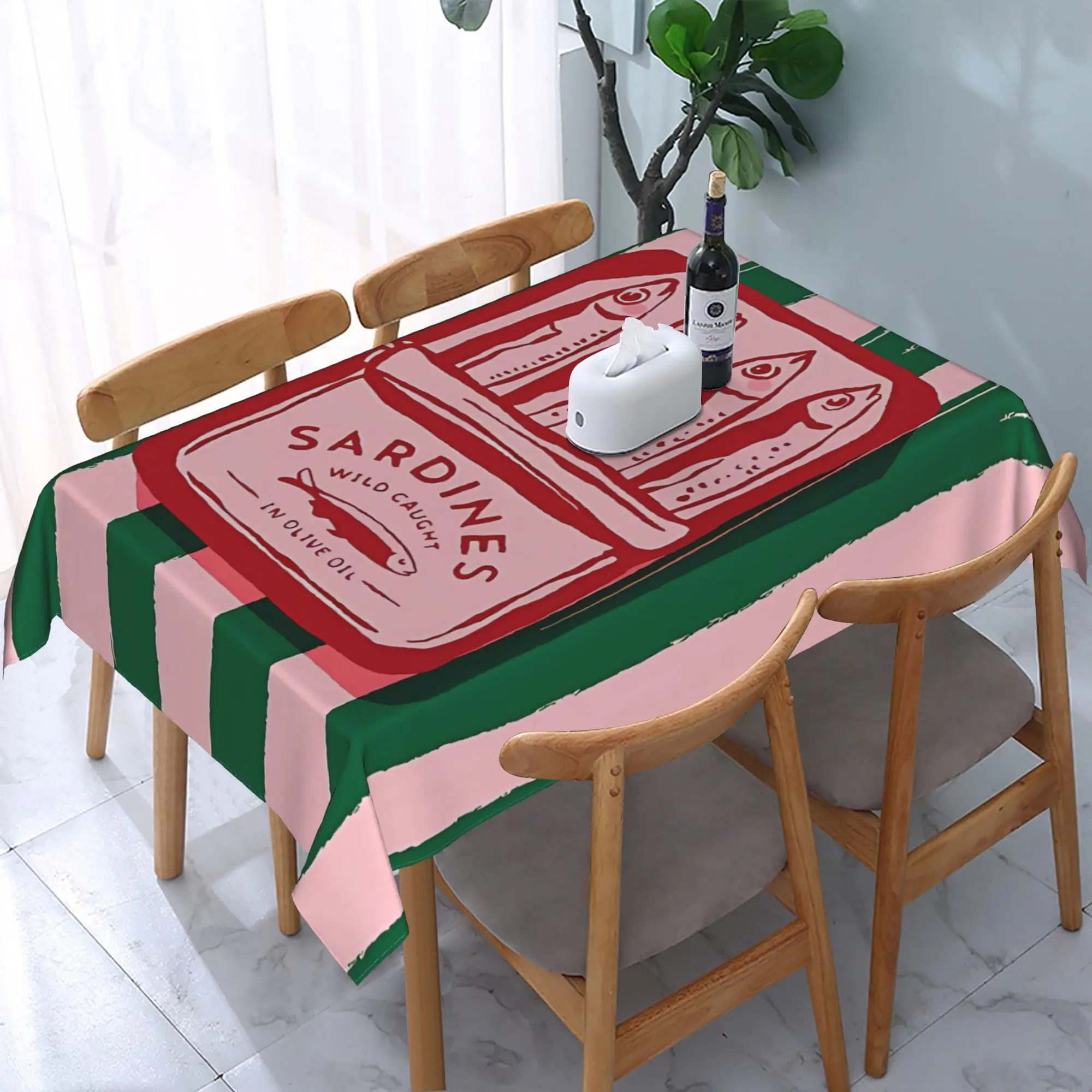 Sardines Maximalist Polyester Tablecloth | Multi-Color Sardine Can Design | Rustic Farmhouse Style | Durable & Machine-Woven