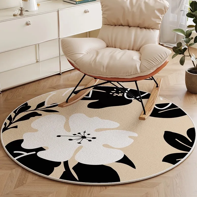 Schwarz-Weißer Großer Blumen-Rundteppich, Rutschfester Minimalistischer Kreisteppich für Nordisches Wohnzimmer Schlafzimmer Bodendekoration