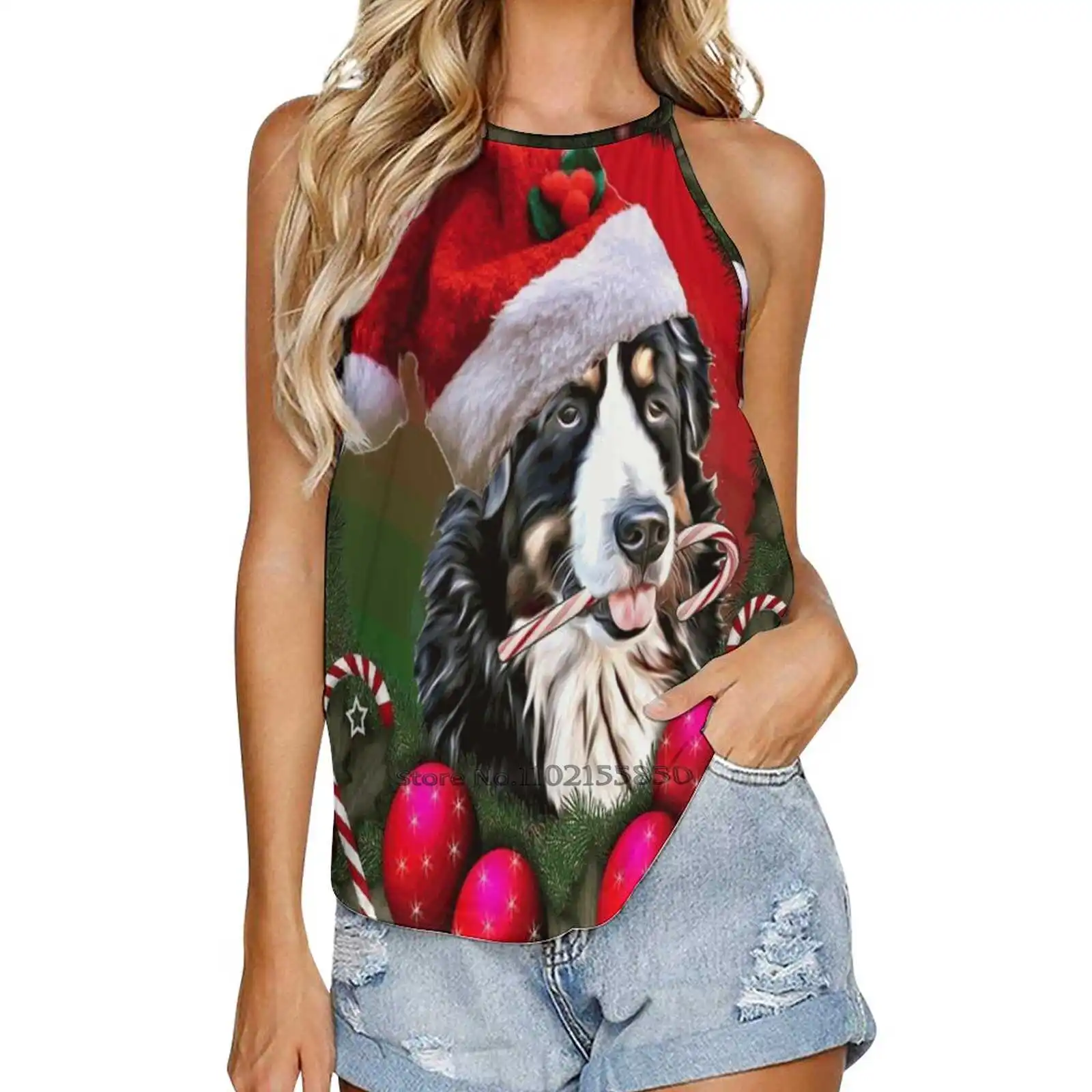 Christmas Bernese Mountain Dog Summer Sexy Camisoles Women Top Sleeveless Shirt Slim Tops Strap Vest Christmas Design Bernese