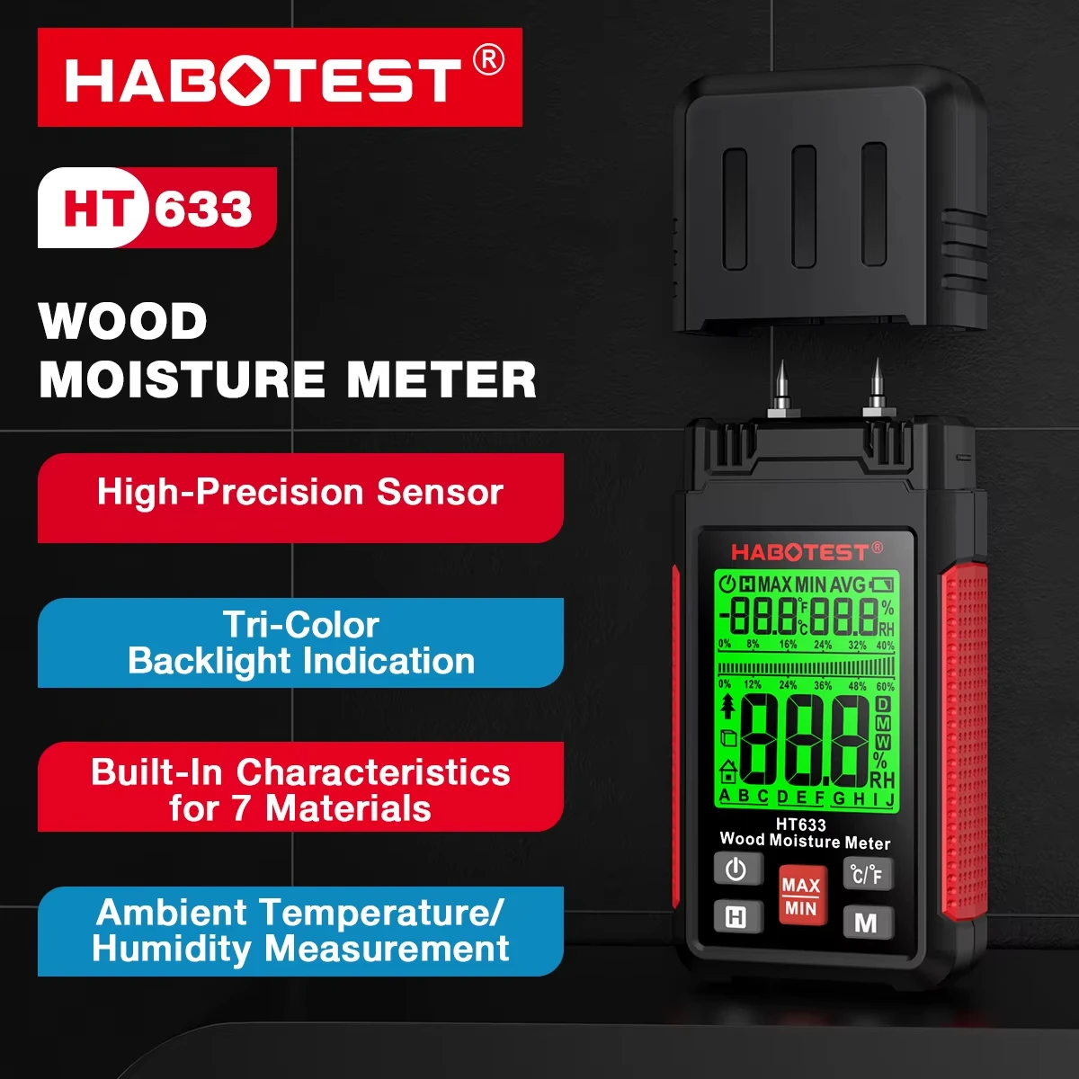 HABOTEST HT633 Wood Moisture Meter Firewood Moisture Tester Drywall Moisture Detector Professional Moisture Content Meter