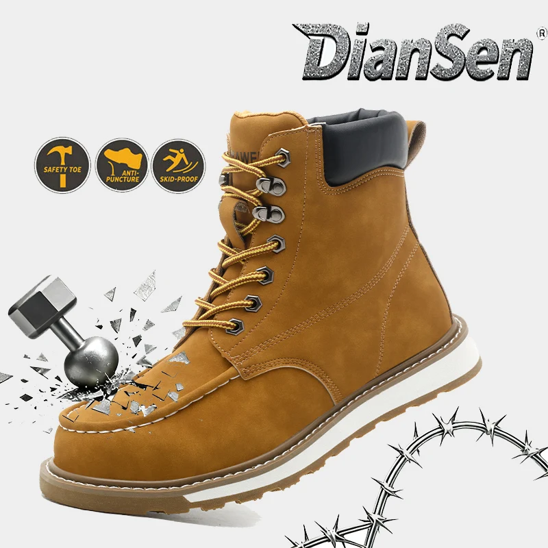 

Mens High Top Steel Toe Work Safety Boots Yellow Leather Work Boots with Oil-Resistant Non-Slip Rubber Sole Anti-Puncture Boots
