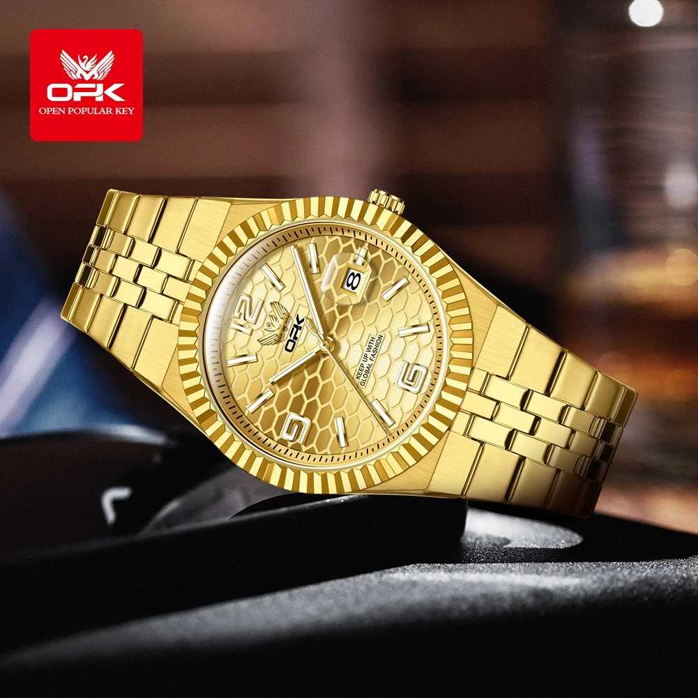 OPK 8186 ساعة رجال الأعمال ستانلس ستيل مقاومة للماء تاريخ تلقائي كوارتز ساعة رجالية