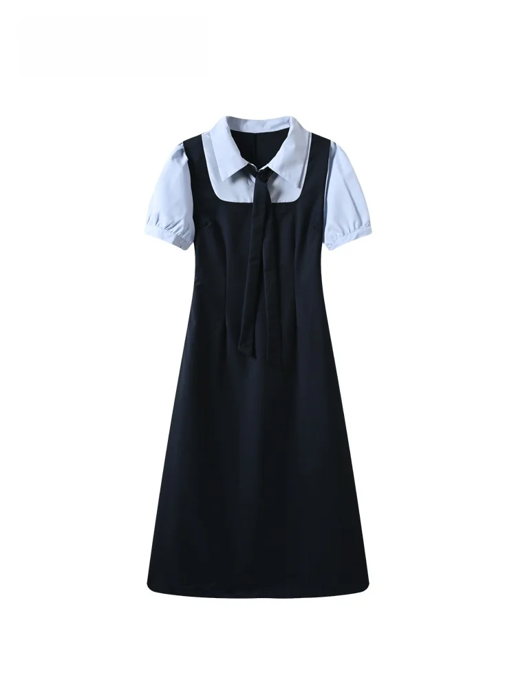 

Summer New plus Size Short Sleeve Dress Women's College Style Fake Two-Piece Skirt A-Line Polyester Fiber Casual Dress