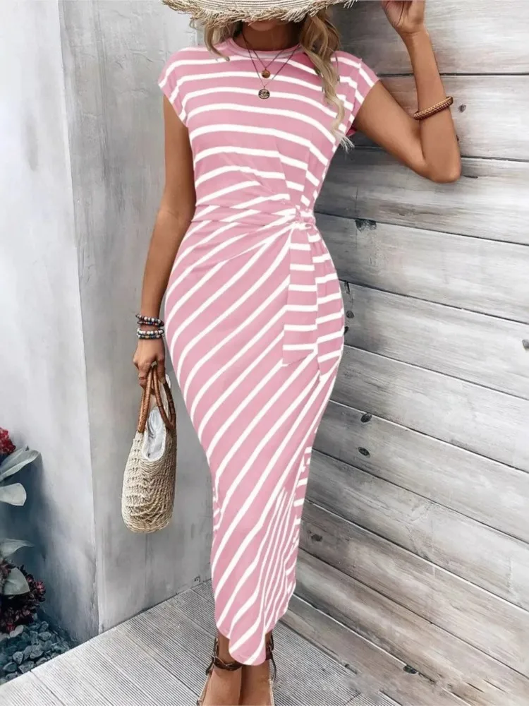 

Striped Printed Round Neck Short Sleeve Long Dress 2026 Summer New Long Dress Elegant Waist Fashion High-end Women's Dress