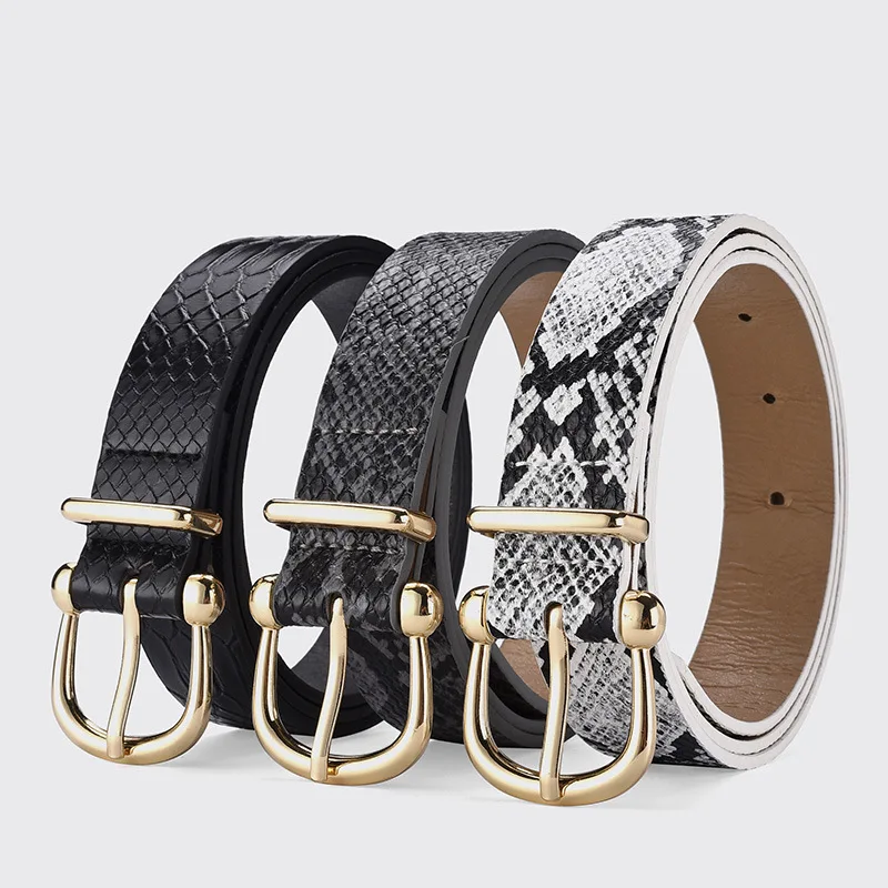 Women Snake Pattern Belts Retro Trend Pu Leather Golden Buckle Waistband Luxury Brand Female Ethnic Style Jeans Belts