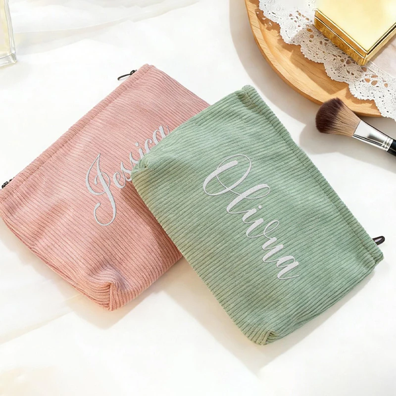 Customized Text Embroidered Corduroy Makeup Bag with Zipper, Functional Flat Tool Pouch, Custom Washroom Bags Birthday Gift